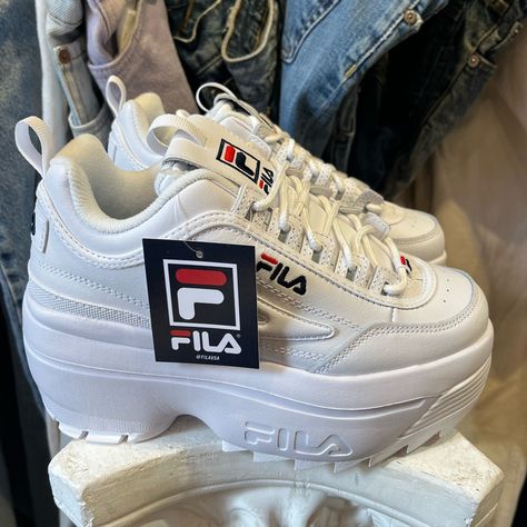 White Fila Disruptor Platform Wedge Chunky Sneakers Brand New In Box Never Worn Chunky Shoes Sneakers, Cute Platform Shoes Sneakers, Chunky Fila Sneakers, Ghoulia Cosplay, Fila Shoes Outfit, Fila Outfit, Flat Shoes Outfit, White Chunky Sneakers, Platform Shoes Sneakers