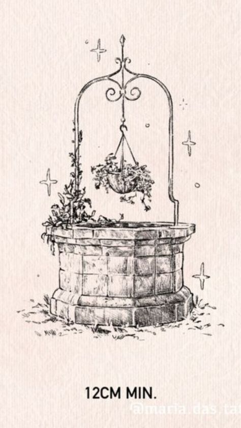 Water Well Tattoo, Pirate Ship Tattoo Women, Vintage Style Drawing, Scotland Inspired Tattoo, Birdbath Tattoo, Water Fountain Tattoo, Water Well Drawing, Wishing Well Drawing, Wishing Well Tattoo