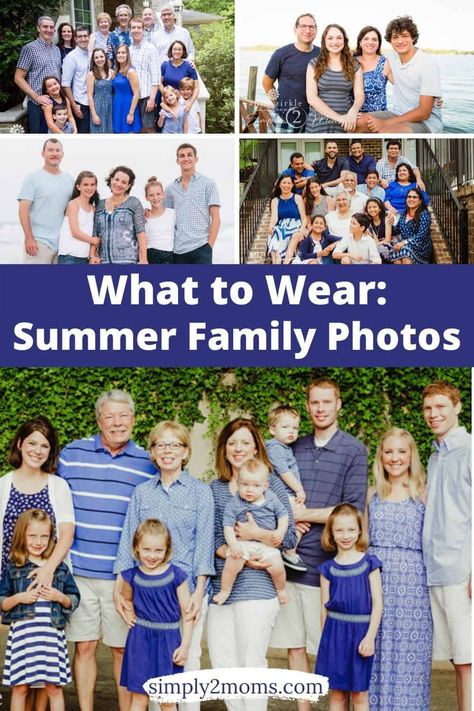 Are you wondering what to wear for your family photos? Get helpful tips for picking out family photo outfits with lots of examples from a professional portrait photographer. #whattowear #familyphotos #familyportraits #simply2moms #spring #summer #photography Shades Of Blue Family Pictures Outfits, Blue Clothes Family Photo, Cobalt Blue Family Pictures Outfits, Extended Family Photo Outfits Blue, Family Photos With Blue Outfits, Family Photo Outfits Shades Of Blue, How To Coordinate Family Photo Outfits, Blue Gray Family Photos Outfit Ideas, Family Photos Blue Outfits Color Schemes