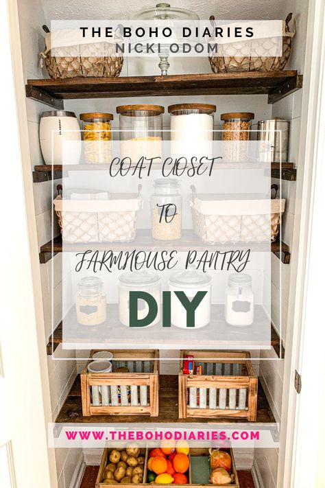 We turned our downstairs coat closet into a farmhouse pantry which serves a much better purpose now and looks amazing! See it on thebohodiaries.com. #farmhousepantry #diyproject #diy #pantryideas #farmhousestyle #bohofarmhouse Coat Closet Into Pantry, Closet Into Pantry, Closet Into A Pantry, Small Coat Closet, Pantry Diy, White Interior Paint, Small Pantry Organization, Farmhouse Pantry, Pantry Makeover