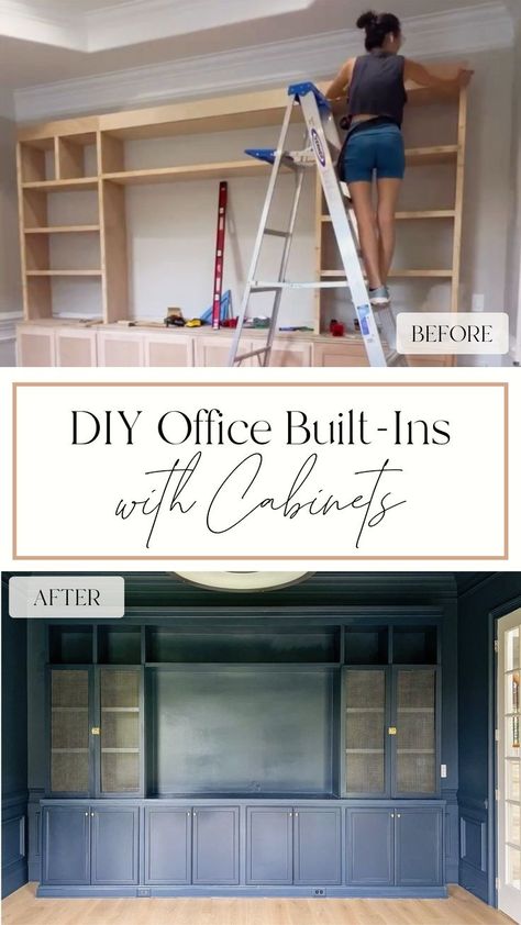 Ikea Cabinet Built Ins, Diy Built Ins Using Stock Cabinets, Diy Built In Desk With Cabinets, Diy Office Built Ins With Desk, Built In Office Desk And Cabinets, Home Office Built Ins With Desk, Diy Wall Unit, Diy Built In Desk, Stock Cabinet