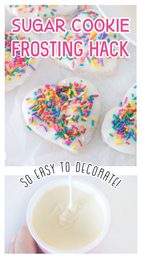 Dipping Frosting For Cookies, Can You Melt Canned Frosting, Dipped Sugar Cookies, Store Bought Frosting Hacks, Pour Frosting On Cookies, Sugar Cookie Mix Hacks, Easy Sugar Cookie Frosting, Making Sugar Cookies, Yummy Things To Bake