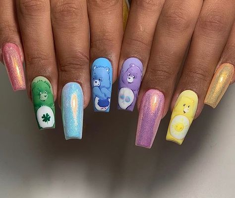 Lucky Care Bear Nails, Carebears Nail Designs, Carebear Nail Art, Care Bears Nail Art, Care Bears Nails, Eeyore Nails, Care Bear Makeup, Care Bear Nails, Comic Nails