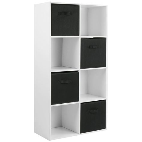 Ps5 Room, White Cube Shelves, Black And White Office, White Units, Cube Unit, Black Storage, Toy Storage Bins, Black Drawers, Collage Board