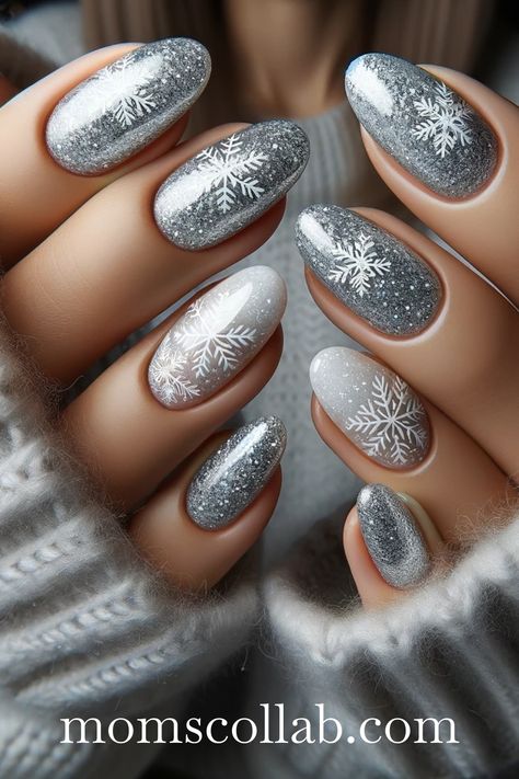 10 Snowflake Nail Art Ideas to Create a Winter Wonderland Snowflake Nail Art Designs, New Years Nails Design Glitter Sparkle, Gray Snowflake Nails, Grey Snowflake Nails, Sparkly Snowflake Nails, Snow Flake Nails Design, Cute Grey Nails, Winter Nails Silver, Snowflake Glitter Nails