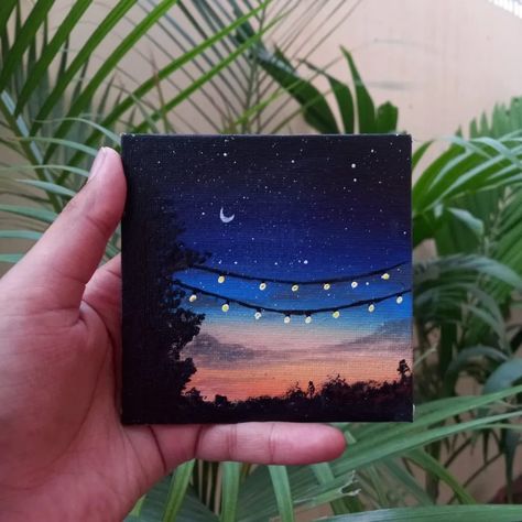 Night Acrylic Painting Easy, Morning Painting Easy, 4x4 Canvas Painting Ideas Easy, A4 Canvas Painting Ideas, 4x4 Canvas Paintings, 4x4 Canvas Painting Ideas, 3 Panel Canvas Painting, Small Square Canvas Painting Ideas, Small Canvas Art Ideas