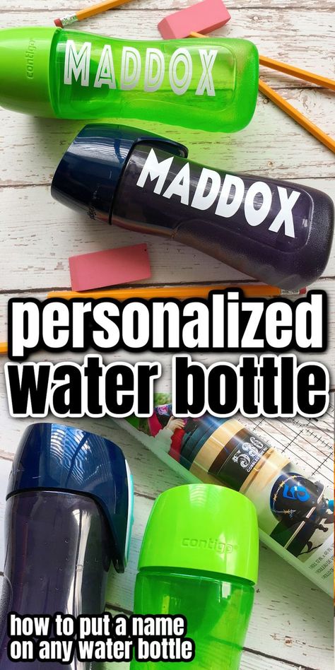 how to label kid water bottles with names that stay in the wash. step by step instructions and tricks. Label Water Bottle, Diy Water Bottle Personalized, Vinyl Water Bottle Ideas, Baseball Water Bottle, Diy Water Bottle Labels, Squeeze Water Bottle, Decorating Water Bottles, Customised Water Bottles, Monogram Water Bottle