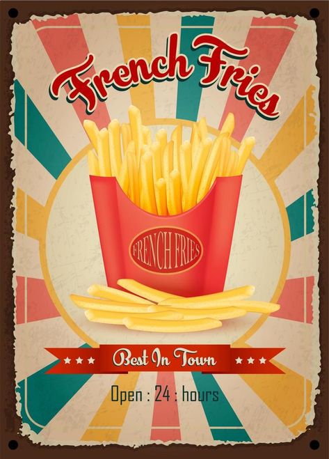 French fried vintage restaurant sign. Fast food vintage poster. Retro design with big hamburger on old metal background red and turquoise colors. Wall decoration printing media. Vector EPS10. French Fries Poster, Food Vintage Poster, Big Hamburger, Stall Decorations, Vintage Food Posters, Food Posters, Restaurant Sign, Food Vintage, Loaded Fries