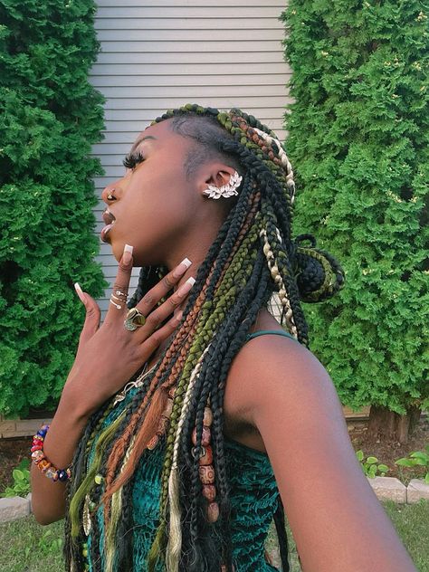 Fairycore Box Braids, Green Hair Black Women Braids, Green And Brown Box Braids, Two Boho Braids, Fairy Braids Hairstyles Black, Green And Brown Braids, Black And Green Braids For Black Women, Colorful Braided Hairstyles, Black And Green Box Braids