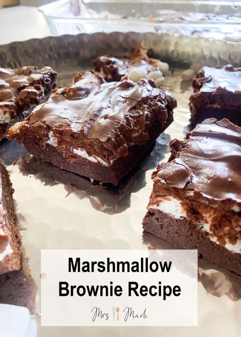 Pin this for later and bake the most delicious marshmallow brownies at home!   Click this Pin for the full recipe. This marshmallow brownie is a rich, dark chocolate brownie topped with marshmallows, so gooey and delicious! The hit of every gathering. Brownies With Marshmallow, Dark Chocolate Brownie, Marshmallow Brownies, Dark Chocolate Brownies, 8x8 Pan, Brownie Toppings, Brownie Recipe, Brownie Recipes, Marshmallows