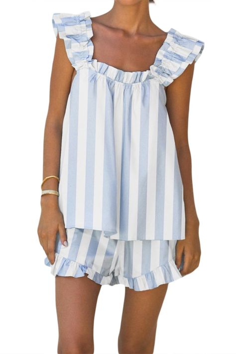 PRICES MAY VARY. Material: This ruffle pajama set for women is made from high-quality soft cotton fabric, lightweight, breathable, and gentle on the skin, ensuring a comfortable and luxurious feel Features: Cute tank top, elasticated panel at back, double-layer ruffle strap, elastic ruffle square neckline, sleeveless, backless. Elastic waist shorts with side ruffle detail. Striped/plaid design Match: Pair this summer lounge set with your favorite slippers or sandals for a cozy night in or a casu Tank Tops And Shorts, Summer Pajamas Women, Sleep Pajamas, Tops And Shorts, Summer Pajama Set, Cozy Sleep, Cotton Pjs, Summer Shorts Outfits, Summer Pajamas