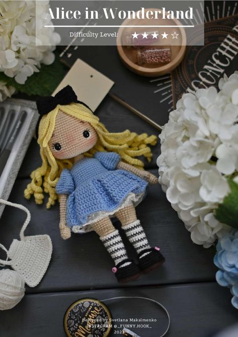 Alice in Wonderland crochet pattern Alice In Wonderland Crochet, Alice In Wonderland Doll, Doll Amigurumi Free Pattern, Crochet Princess, Doll Patterns Free, Crochet Dolls Free Patterns, Crochet Bee, Disney Dolls, Fun Crochet Projects