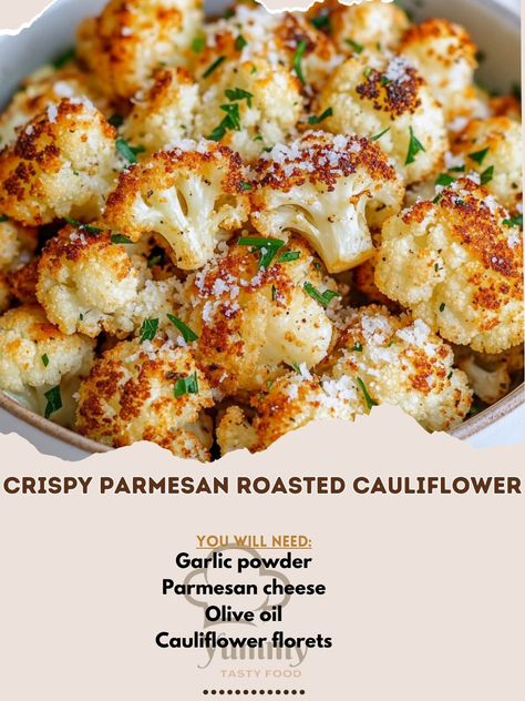 🧀🌿 Crispy, cheesy, and oh-so-delicious—this roasted cauliflower will be your new veggie favorite! 🥦✨ #HealthyEats #RoastedGoodness Crispy Parmesan Roasted Cauliflower Ingredients: Cauliflower florets (1 large head) Olive oil (2 tbsp) Parmesan cheese, grated (1/2 cup) Garlic powder (1 tsp) Paprika (1/2 tsp) Salt (1/2 tsp) Black pepper (1/4 tsp) Fresh parsley, chopped (1 tbsp, for garnish) Instructions: Preheat oven to 400°F (200°C). Toss cauliflower florets with olive oil, garlic powder, p... Parmesan Roasted Cauliflower, Parmesan Cauliflower, Olive Oil Garlic, Daily Recipes, Garlic Parmesan, Roasted Cauliflower, Parmesan Cheese, Fresh Parsley, Daily Meals