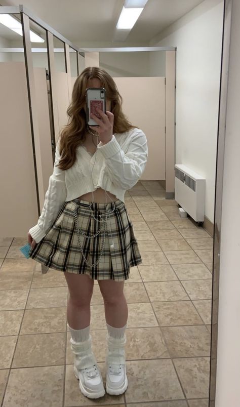 White Skater Skirt Outfit, Wintercore Outfits, Brown Hairs, Skater Skirt Outfit, Arch Nemesis, Buffalo Shoes, Skirt Outfits Aesthetic, White Skater Skirt, Buffalo Boots