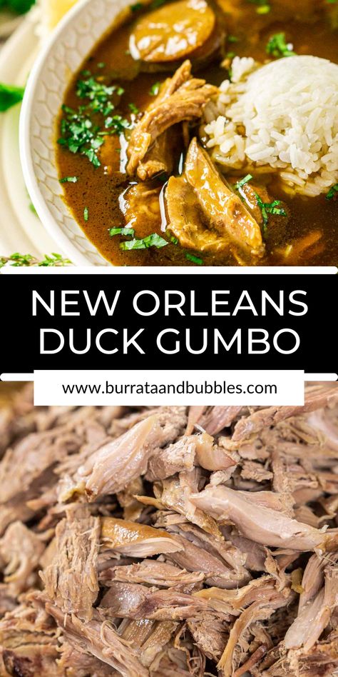 Duck And Andouille Gumbo, Duck Stew Crockpot, Duck Sausage Recipe, Duck Gumbo Recipe, Duck Stew Recipes, Duck Broth Recipe, Duck Soup Recipes, Best Duck Recipe, Duck Gumbo