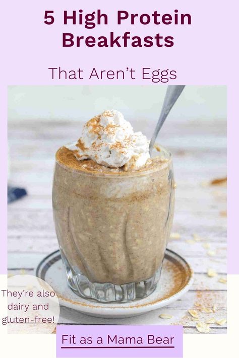 Blended oats in a glass with whipped cream on top and text on the image. Dairy And Egg Free High Protein Breakfast, High Protein Breakfast No Eggs Dairy Free, Dairy Free Protein Breakfast, High Protein Dairy Free Breakfast, High Protein Dairy Free Recipes, High Protein Breakfast No Eggs, Baked Egg Custard, Dairy Free Breakfast Recipes, Egg Free Breakfast