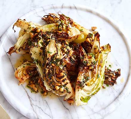 Charred hispi cabbage with hazelnut chilli butter Rosemary Dressing, Hispi Cabbage, Cooked Red Cabbage, Walnut Dressing, Camping Foods, Red Cabbage Recipes, Savory Sides, Pea Pesto, Roasted Cabbage