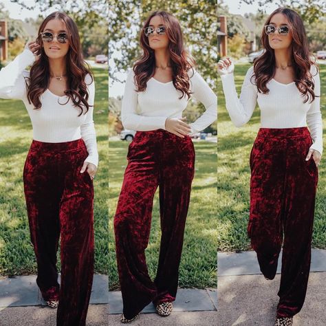 Black Velour Pants Outfit, Maroon Velvet Pants Outfit, Velour Pants Outfit, Velvet Trousers Outfit, Velvet Pants Outfit, Hot Mom Outfits, Velour Pants, Trouser Outfit, Velvet Trousers