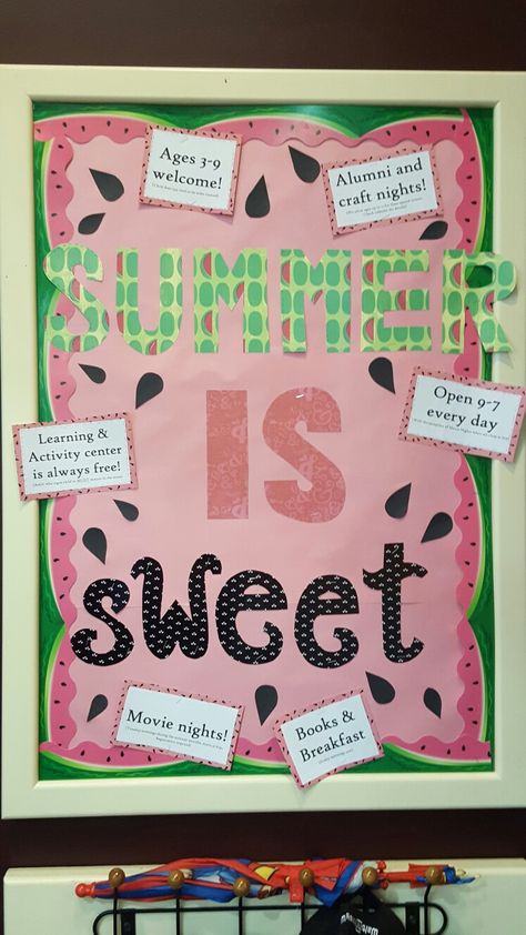 Summer is sweet! Watermelon themed bulletin board summer Watermelon Classroom Door, Watermelon Door Decorations Classroom, Watermelon Bulletin Board, Summer Birthday Bulletin Boards, Watermelon Classroom Theme, Watermelon Activities, Art Bulletin Boards, Summer Bulletin Boards, Birthday Bulletin