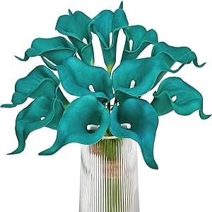 Flowers For Wedding Bouquet, Calla Lily Colors, Teal Vase, Calla Lily Flowers, Flowers For Wedding, Blue Wedding Bouquet, Artificial Flowers Wedding, Teal Flowers, Wedding Flower Decorations