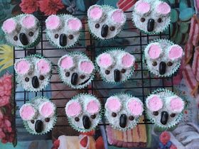 Laws of the Kitchen: Katherine Sabbath's Flamin' Galah Cupcakes and Koala Cupcakes Koala Cupcakes, Fundraiser Bake Sale, Koala Party, Black Food Coloring, Pink Marshmallows, Vanilla Cupcake Recipe, Baby Cupcake, Pink Food Coloring