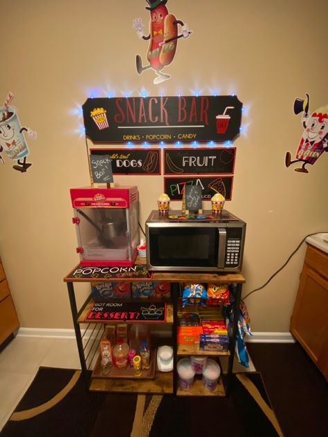 Snack Bar Signs Diy, Cute Snack Bar Ideas, Movie Snack Cart, Candy Stand Ideas Display, Snack Bar Ideas Home Diy, Snack Bar Sign Ideas, Snack Rack Ideas, At Home Snack Bar, Snack Area Ideas