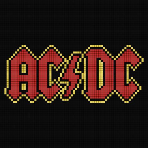 A large pixel art template of the red, yellow outlined logo of A C D C the rock band (cover section image). Acdc Cross Stitch Pattern, Band Logo Pixel Art, Album Cover Pixel Art, The Roling Stones, Ac Dc Logo, Nirvana Art, Pixel Logo, Acdc Logo, Dc Logo