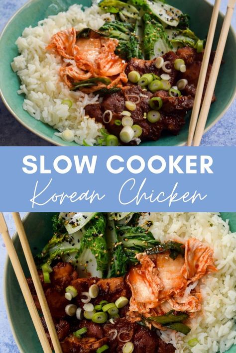 This delicious Korean-style slow cooker chicken is perfect served with a mountain of fluffy and aromatic Jasmine rice, sesame pak choi and lots of kimchi. It is perfect for meal prep! Slow Cooker Korean Chicken, Crockpot Korean Chicken, Slow Cook Chicken Recipes, Chicken Bulgogi Recipe, Chicken Kimchi, Fluffy Jasmine Rice, Slow Cooker Chicken Rice, Chicken Bulgogi, Pressure Cooker Recipes Chicken