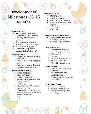 Free Developmental Milestone Chart: 12- to 15 months 15 Month Milestones, 15 Month Old Milestones, Developmental Milestones Chart, Baby Development Chart, 12 Month Milestones, Baby Milestone Chart, Milestone Chart, Childcare Ideas, Psychology Memes