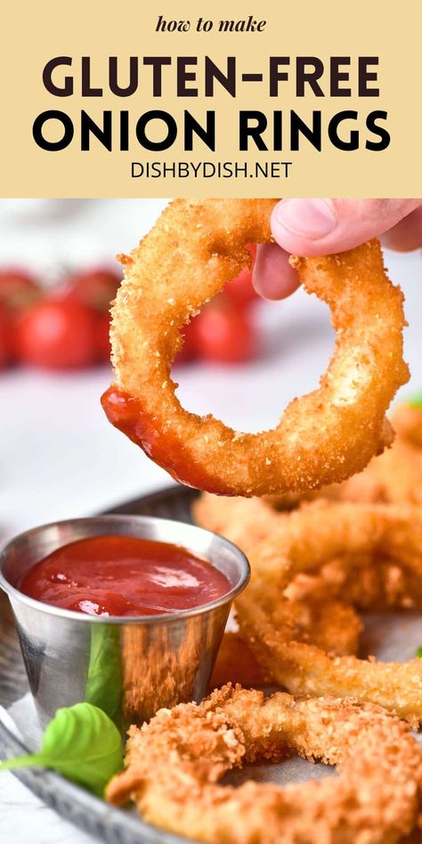 These crispy gluten-free onion rings make an incredibly delicious appetizer or savory snack! Serve them with your favorite dipping sauce for the perfect party food! Totally dairy-free too. Gluten Free Onion Rings, Onion Rings Recipe, Gluten Free Sides, Gluten Free Appetizers, Cookies Gluten Free, Homemade Gluten Free, Gluten Free Recipes For Dinner, Gluten Free Dairy Free Recipes, Gluten Free Snacks