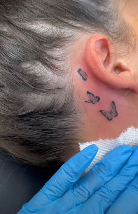 Three Butterflies Tattoo Behind Ear, 3 Small Butterflies Tattoo Behind Ear, Behind The Ear Butterfly Tattoo Ideas, Tattoo Ideas Female Behind Ear, Cute Behind The Ear Tattoos For Women, Butterflies Behind Ear Tattoo, Simple Behind The Ear Tattoos, Small Butterfly Tattoo Behind Ear, Butterfly Behind Ear Tattoo