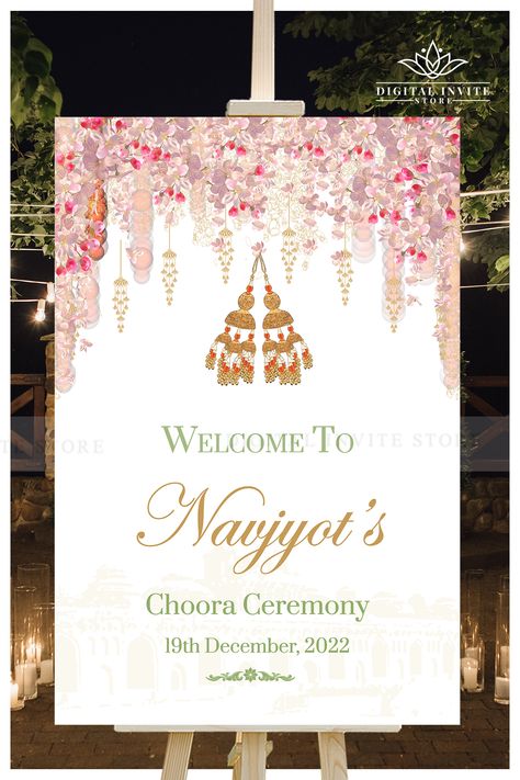 Printing & Personalising your own Welcome Choora Signs or Punjabi Wedding welcome sign Indian template instant download has been made a super easy process by us specially for busy brides that save the valuable wedding-prep time while still giving you the complete Hindu Wedding welcome template & stationery of your dreams for your Wedding Entry Sign!

You can print your Punjabi Wedding Choora decor Sign Board or Chura Ceremony Welcome Signage décor where ever you choose! Chooda Ceremony Outfit, Wedding Choora, Jaggo Sign, Choora Ceremony Invitation, Jaggo Welcome Sign, Sikh Wedding Invitation, Unique Wedding Signs, Ladies Sangeet, Punjabi Wedding