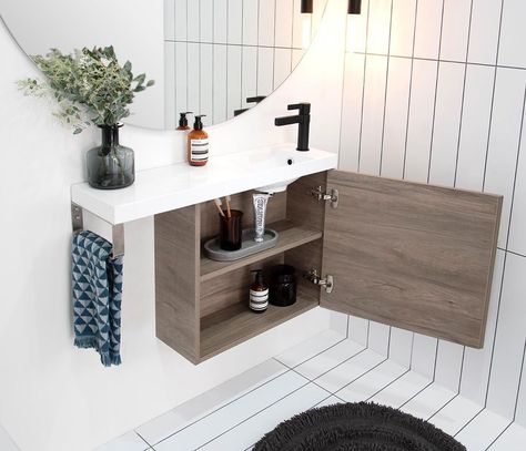 Small Space Vanity, Bamboo Cabinets, Architectural Designer, Narrow Bathroom, Door Crafts, Ideal Bathrooms, Kitchen Solutions, Black Shower, Wall Hung Vanity