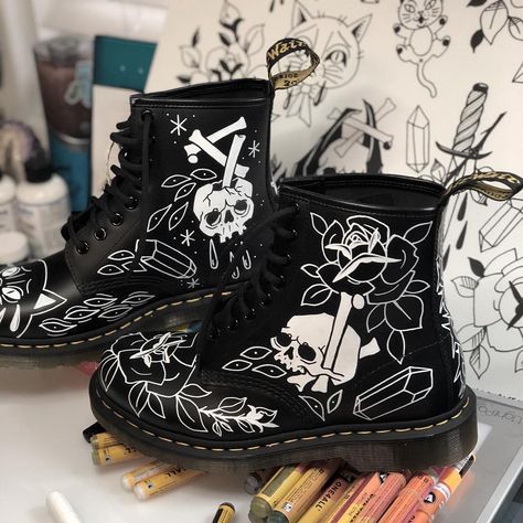 Custom painted Doc Martens boots Custom Painted Doc Martens, Custom Painted Boots, Painted Boots Diy, Custom Docs, Custom Doc Martens, Painted Doc Martens, Painted Boots, Red Doc Martens, White Doc Martens