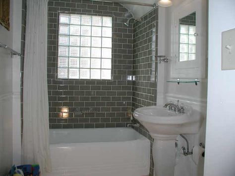 Not sure about this. Tub Surround Ideas Diy, Tub Surround Ideas, White Subway Tile Bathroom, Makeover Kamar Mandi, Subway Tile Design, Tile Tub Surround, Beveled Subway Tile, Glass Block Windows, Subway Tile Showers