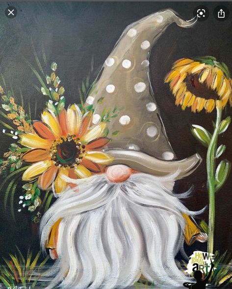 Gnome Painting Acrylic, Gnome Painting Templates, Spring Bunny Painting, Fall Flower Painting Ideas, Cartoon Gnome Drawing, Sunflower Gnome Painting, Gnome Fall Painting, Gnome Paintings On Wood, Fall Gnome Painting Canvas