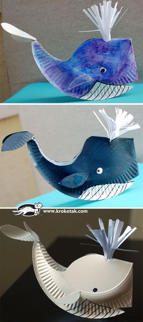 Um, how awesome is this?! Paper plate whale... above and beyond! =) Ocean Crafts For Kindergarten, Diy Whale Crafts, Jonah Whale Craft, Preschool Jonah And The Whale Craft, Paper Plate Craft Ideas, Kids Ocean Crafts, Ocean Diy Crafts, Paper Plate Whale, Yom Kippur Crafts