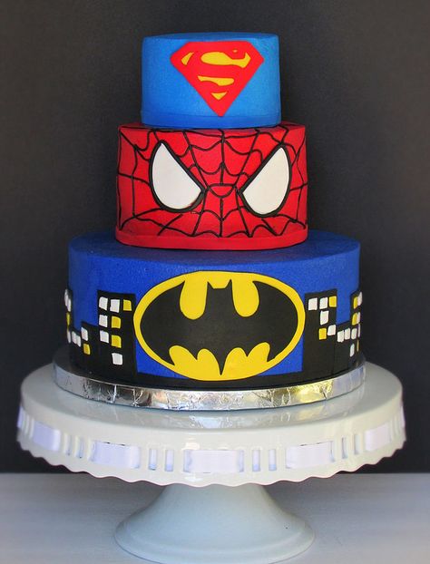 Superhero cake, Superman, Spiderman, Batman. Marvel Comics Cake. Marvel Avengers Cake, Superhero Cakes, Batman Marvel, Superman Cakes, Superman Spiderman, Marvel Cake, Superhero Birthday Cake, Avenger Birthday Party, Avengers Birthday