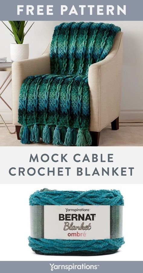 Free Mock Cable Crochet Blanket pattern using Bernat Blanket Ombre yarn. This textured crochet throw is a bold and beautiful addition to your home decor. You'll love how the clever mock cable design combined with the ombre color effect of Bernat Blanket yarn creates a quick and easy project for gifting! #Yarnspirations #FreeCrochetPattern #CrochetAfghan #CrochetThrow #CrochetBlanket #BernatYarn #BernatBlanketOmbre Crochet Cables Pattern, Motifs Afghans, Cable Crochet, Chunky Crochet Blanket Pattern, Zig Zag Crochet, Crochet Throw Pattern, Textured Crochet, Chunky Crochet Blanket, Crochet Blanket Pattern Easy