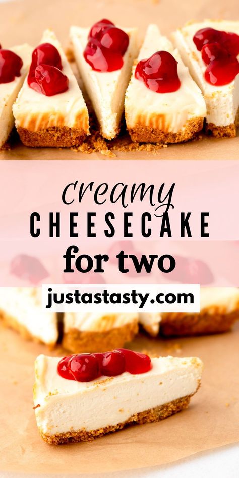 This creamy small batch cheesecake for two is the perfect date night dessert! One Serving Cheesecake, Small Cheese Cakes Recipes, No Bake Cheesecake For Two, Small Batch No Bake Cheesecake, Cheesecake For Two Recipe, Small Recipes For Two, Baking For Two Recipes, Small Batch Cheesecake Recipe, Cheesecake Recipes For Two