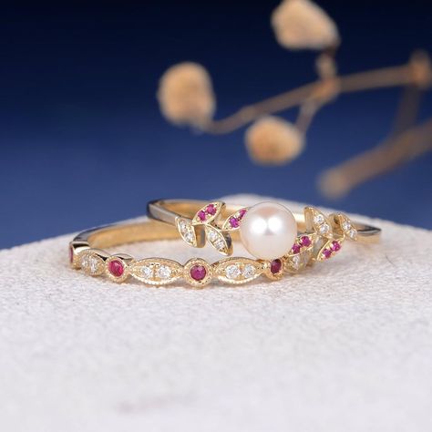 Pearl, Ruby, and Diamond Bridal Ring Set Engagement Ring Ruby, Art Deco Band, Pearl Wedding Ring, Diamond Engagement Band, Diamond Bridal Ring Sets, Pearl Engagement Ring, Rose Gold Pearl, Wedding Ring For Her, Moissanite Bridal Sets