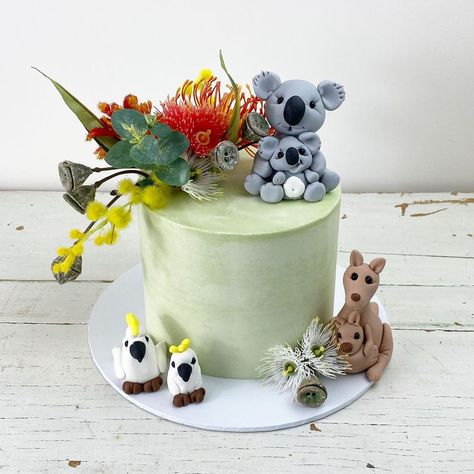 Australiana Theme Party, Australian Animals Birthday Party, Australiana Cake, Joey Birthday, Koala Cake, Australian Cake, Australia Cake, Animal Baby Shower Cake, Australian Party