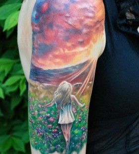 Stunning girl and sunset tattoo Flower Field Tattoo, Luke Tattoo, Field Tattoo, Sunset Field, Sunset Tattoos, Nature Tattoo, Landscape Tattoo, Cloud Tattoo, Human Canvas