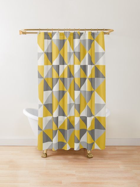 Retro inspired pattern of right triangles in mustard yellow and warm grey • Millions of unique designs by independent artists. Find your thing. Mustard And Grey Bathroom, Yellow Gray Bathroom, Gray And Yellow Bathroom Accessories, Gray And Yellow Bathroom Wallpaper, Grey And Mustard Wallpaper, Gray And Yellow Bath Towels, Gray Shower Curtains, Grey Curtains, Triangle Design