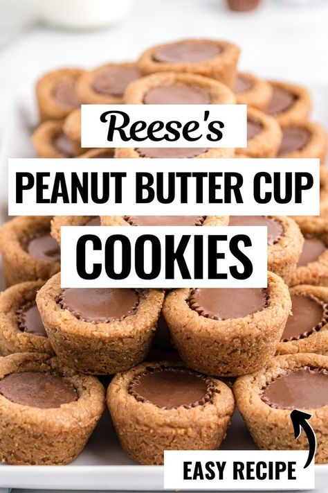 The BEST peanut butter cup cookie recipe. Full of peanut buttery flavor! #cookies Reeses Peanut Butter Cup Cookies Easy, Reeces Cookie Recipes, Cup Cookies Recipe, Reese's Peanut Butter Cup Cookies, Cup Cookie, Homemade Peanut Butter Cookies, Cup Cookies, Reese's Peanut Butter Cup, Dessert Treats