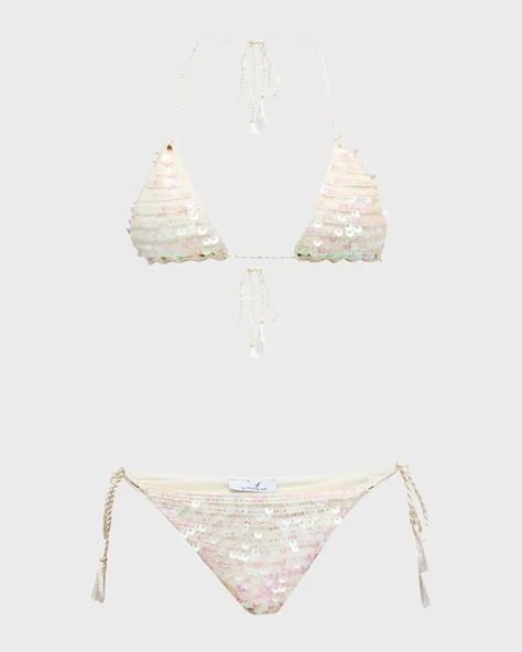 My Beachy Side Hand-Crochet Sequin Two-Piece Bikini Set | Neiman Marcus White Studs, Secret Sale, White Crochet, Halter Neckline, Wedding Looks, Beach Girl, Summer Party, Hand Crochet, Beach Outfit