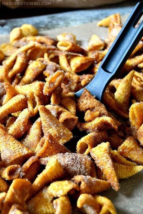 Easy Cinnamon Bugles Ingredients:... - The Cooks Recipes Easy Cinnamon Bugles, Cinnamon Bugles Recipe, Trail Mix With Bugles, Bugle Mix Recipe, Cinnamon And Sugar Bugles, Churro Bugle Snack, Cinnamon Sugar Bugles, Trucker Snacks, Recipes With Bugles