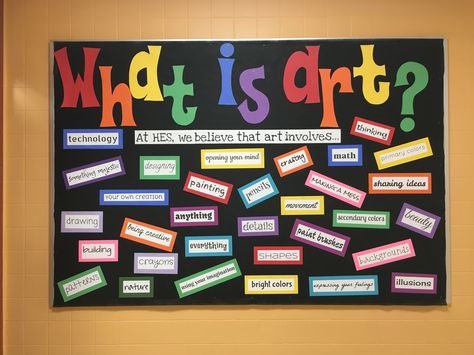 During this first week, I asked my students to answer the question..."What is art?"  Students wrote down their words or phrases to answer the question. I was so impressed with all the words/phrases they come up with!! There were too many words to even fit on the board!  I love my job! Art Questions For Students, Back To School Art Bulletin Board Ideas, Art Classroom Bulletin Boards, Art Classroom Ideas, Art Class Rules, Art Wellness, Art Class Posters, Art Classroom Organization, Elementary Art Classroom