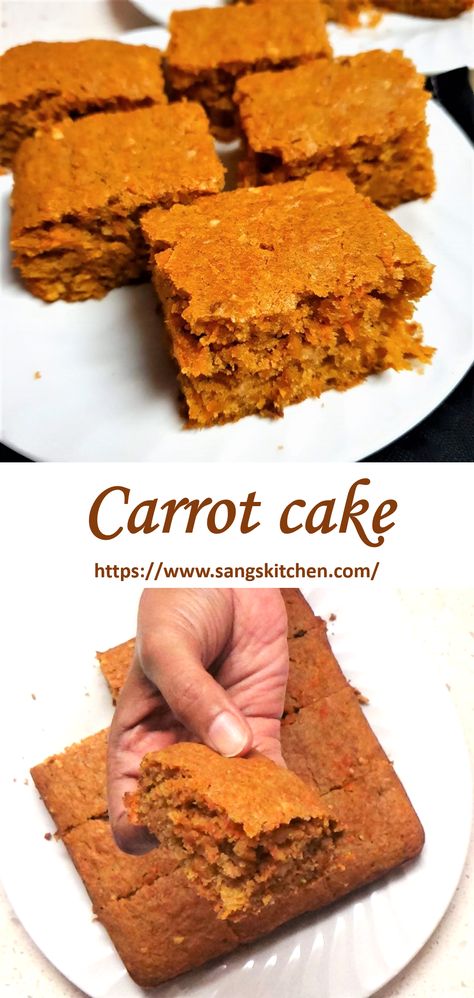 A delicious carrot cake recipe made without frosting that is perfectly suitable to serve with warm milk as a breakfast or as a snack with hot tea. Ingredients: 250g grated carrot(2 large) 1 egg ¼ cup white sugar ¼ cup brown sugar ½ cup oil 1/3 cup curd 1 tsp vanilla extract 1 ¼ cup whole wheat flour ½ tsp cinnamon or nutmeg powder ¾ tsp baking powder ½ tsp baking salt ¼ tsp salt ¼ cup mixed chopped nuts(optional) Carrot Cake Without Eggs, Cake Without Baking Powder, Breakfast Carrot Cake, Cake Without Egg, Cake Without Baking, Eggless Carrot Cake, Vegan Carrot Cake Recipe, Nutmeg Powder, Salted Caramel Chocolate Cake