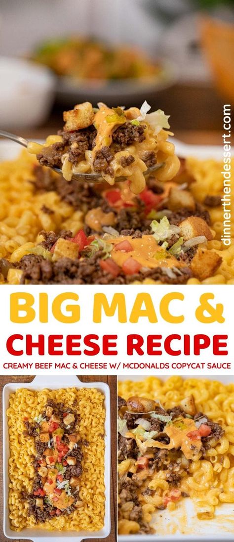 Big Mac and Cheese is a creamy, cheesy ground beef pasta with all the traditional McDonalds' Big Mac toppings! #dinner #sidedish #mcdonalds #bigmac #macandcheese #specialsauce #dinnerthendessert Big Mac And Cheese Recipe, Big Mac Mac And Cheese, Cheese Burger Pasta Recipes, Mac N Cheese Recipe With Meat, Mac N Cheese Leftovers Recipe, Mac And Cheese And Ground Beef, Big Mac Casserole Recipes, Big Mac Lasagna, Kraft Mac And Cheese With Ground Beef